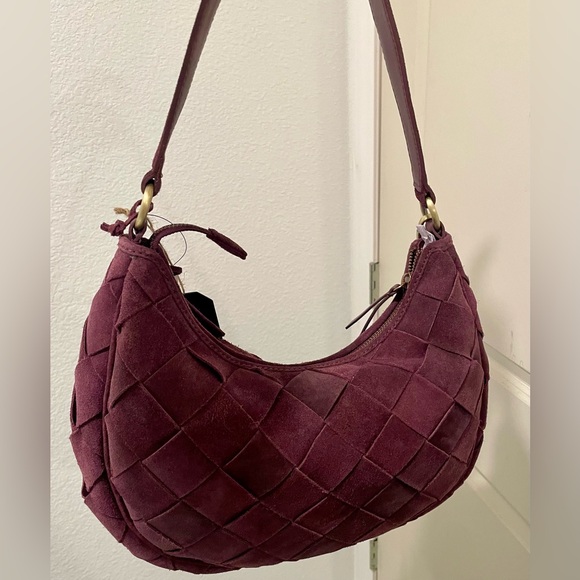 Genuine Suede Woven Hobo Shoulder Bag Burgundy - Picture 9 of 10